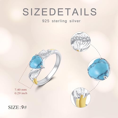 Turquoise Feather Ring 925 Sterling Silver 7mm Heart Turquoise Vintage Western Rings Jewelry Gifts for Women Chritmas Mother's Day