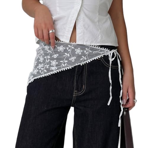 Women Y2K Lace Fringe Hip Scarf Boho Triangle Tassel Waist Cover Up Skirt Wrap Sheer Tie Belt Aesthetic Streetwear - color: J White