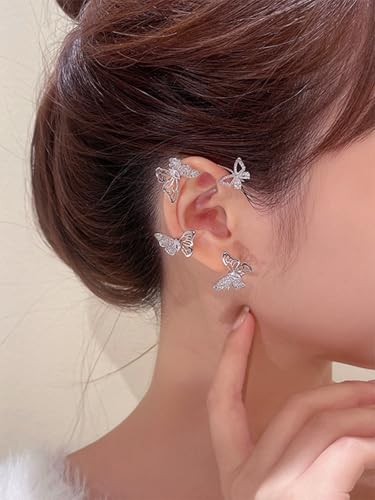2Pcs Rhinestone Butterfly Earrings Ear Cuffs Non-Pierced Fake Earrings Butterfly Climber Wrap Around Earring Dainty Adjustable Ear Clip Jewelry for Women - color: Style8-silver