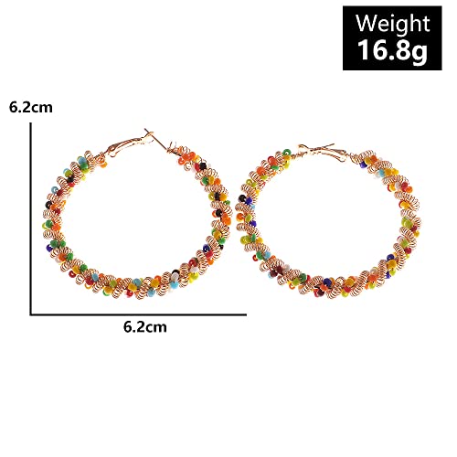 2 Pairs Bohemian Colorful Beads Circle Round Hoop Earrings Gold Hoop Dangle Earrings for Women Vintage Boho Jewelry - color: wide