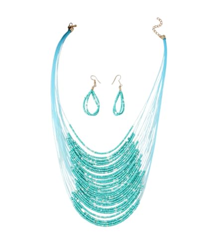 Bohemian Colorful Beaded Earrings Necklace Geometric Teardrop Dangle Earrings Multi-layered Stackable Choker Necklaces Boho Seed Bead Chain Statement Beach Party Accessories - color: Lake Blue