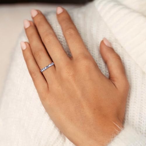 3.5mm Stackable Rings S925 Sterling Silver Created Birthstone & Cubic Zirconia Ring for Women Wedding Bands Anniversary Birthday Jewelry Size 6 to 10(with Box) - color: 03-Created Aquamarine-Mar