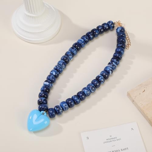 Chunky Colorful Beaded Statement Boho Summer Beach Chokers Necklace Heart Pendant Pink Green Yellow Brown Fashion Jewelry - color: Navy Blue