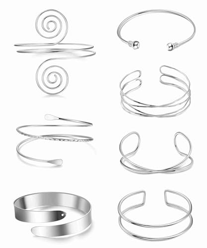 7Pcs Upper Arm Cuff for Women Gold Silver Open Arm Cuff Bracelets Adjustable Armlet Armband Minimalist Coil Swirl Arm Cuff Bracelet Jewelry - style: Silver-A