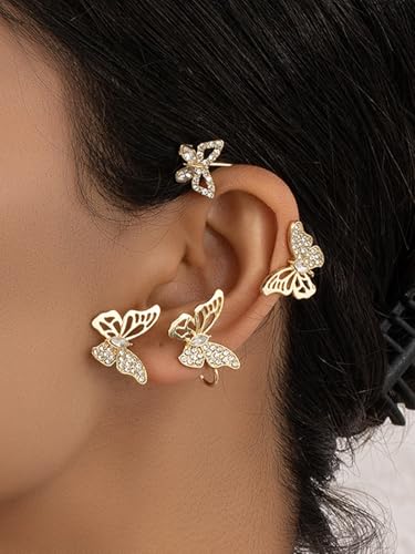 2Pcs Rhinestone Butterfly Earrings Ear Cuffs Non-Pierced Fake Earrings Butterfly Climber Wrap Around Earring Dainty Adjustable Ear Clip Jewelry for Women - color: Style7-gold
