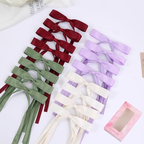 WORTL Hair Bows Clips Coquette Ribbon Bowknot with Long Tail Princess Hair Bows French Barrettes Hair Accessories for Women Girls 16PCS (Wine Red, Beige, Green, Purple) - color: Wine Red, Beige, Green, Purple
