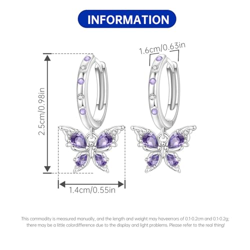 925 Sterling Silver Dangle Earrings for Women, Butterfly&Bee Animals Design, Hypoallergenic Jewelry gifts - color: Purple stone inlaid butterfly earrings