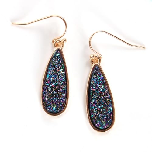 Teardrop Dangle Earrings for Women with Simulated Druzy Stones, in Gold or Rose Gold Tone - color: Gold - Black Created Opal