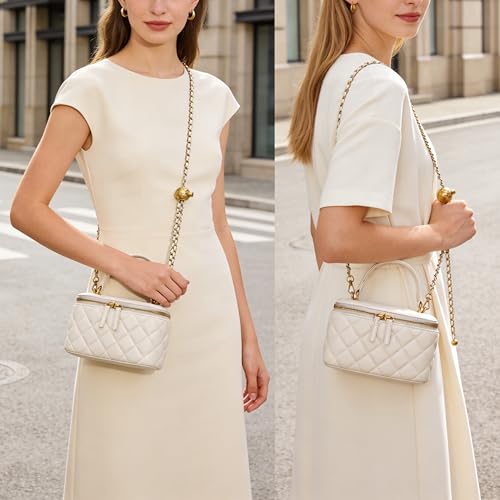 DORIS&JACKY Small Quilted Box Crossbody Purse For Women, Designer Lambskin Leather Mini Top Handle Tote Bag With Chain Strap - color: 3-white
