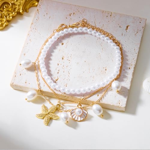 Boho Multilayer Anklet for Women Beach Shell Starfish Pearl Beaded Ankle Bracelets Adjustable Waterproof Summer Foot Chain Jewelry - color: Gold starfish