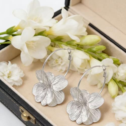 Gold Flower Earrings for Women Boho Orchid Earrings Floral Hoop Petal Earring Prom Wedding Jewelry - style: B:SILVER