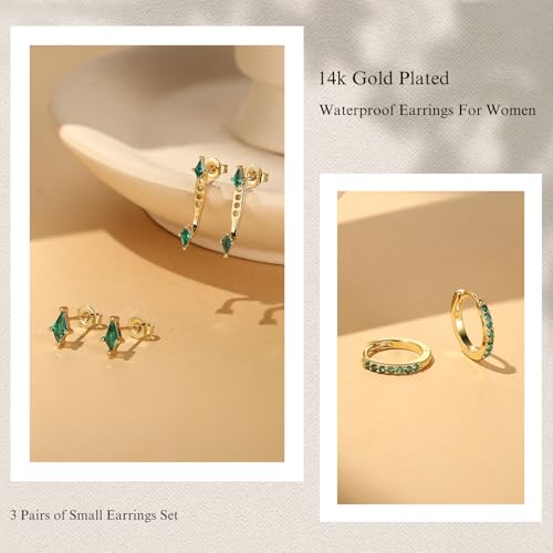 GEORGE · SMITH Stackable Kite Stud Earrings Set for Women, Gold & Silver Huggie Birthstone Jewelry with Emerald Green & Blue Sapphire, Trendy Earrings for Women 2025 - color: green and gold kite stud
