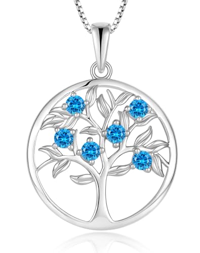 Tree of Life Necklace for Women - Solid 925 Sterling Silver 18K White Gold Plated Birthstone Pendant Jewelry - color: 03-Mar._Aquamarine