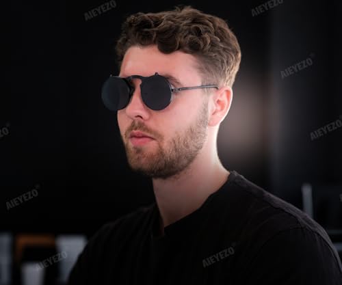 AIEYEZO Round Flip Up Sunglasses for Men and Women Rave Flip Glasses 90's Retro Steampunk Style - color: A2 Black/Grey