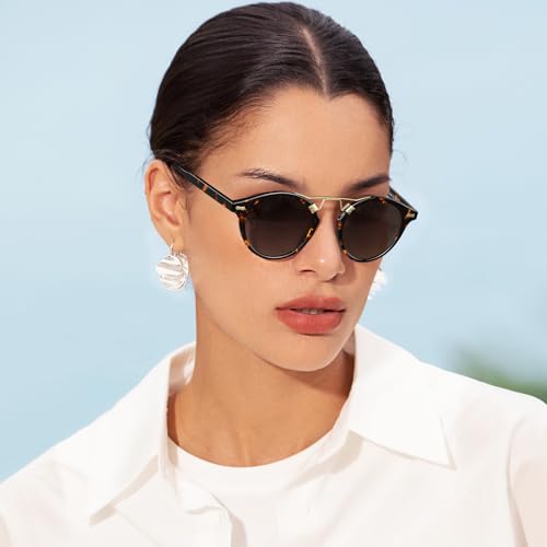 CARFIA Double Bridge Small Acetate Sunglasses for Women Polarized, Retro Metal Brow Ladies Sunnies Fashion Round Eyewears - color: 4. Yellow Tortoise Frame Gradient Grey Lens