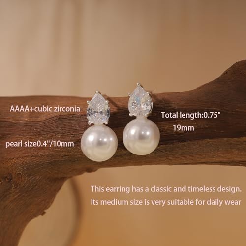 Pearl Earrings for Women, Dainty Wedding Bridal Earrings 14k Gold Plated CZ Pearl Drop Earrings for Women Trendy Hypoallergenic Unique Gold Drop Earrings Fashion Prom Jewelry - color: Silver-J