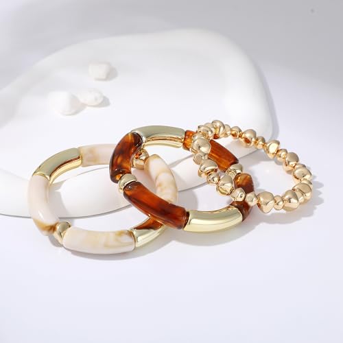 GOOJIDS Simple Beaded Gold Plated Bangles Bracelet Chunky Bamboo Tube Curved Stacking Clear Acrylic Colorful Beads Stretchable Gold Plated Bracelets Set For Women - color: T-Gold&Brown Set