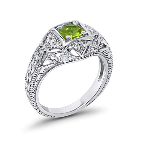 Blue Apple Co. Art Deco Ring Round Cubic Zirconia Leaf Filigree Design Split Shank Twisted Band Bridal Statement Wedding Engagement Rings For Women 925 Sterling Silver Gifts For Her - color: Simulated Peridot