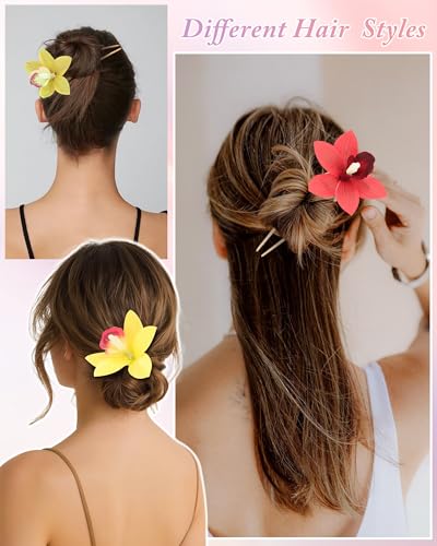 WELROG 3 Pack Hawaiian Orchid Flower Hair Pins,Metal Hair Sticks for Beach Vacation,Non-Slip Fork for Thick Hair Updo - color: Red+Yellow+Green