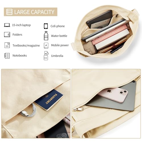 KALIDI Canvas Tote Bag Large Hobo Crossbody Shoulder Handbag Zipper Messenger Bag for Women or Men Casual College Work - color: Beige