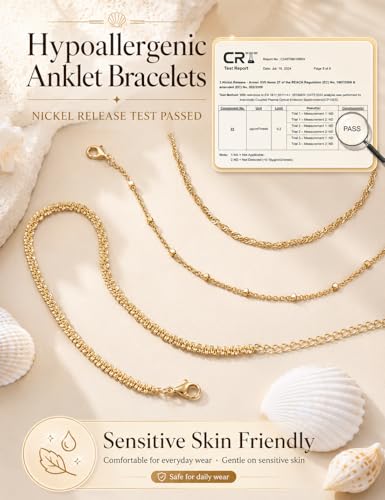 LOYALLOOK Ankle Bracelets for Women Waterproof, 14K Gold Plated Cuban Figaro Link Chain Beaded Anklets Set, Dainty Layered Anklets for Women Non Tarnish Summer Beach Foot Jewelry Adjustable Size - color: 3Pcs Anklets-14K Gold