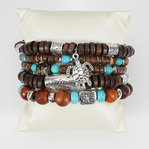 COLORFUL BLING Boho Turquoise Wooden Beaded Stretch Bracelets Stackable Turtle Butterfly Elephant Shell Heart Charms Bracelet for Women Men Western Jewelry Gifts - style: Set 2
