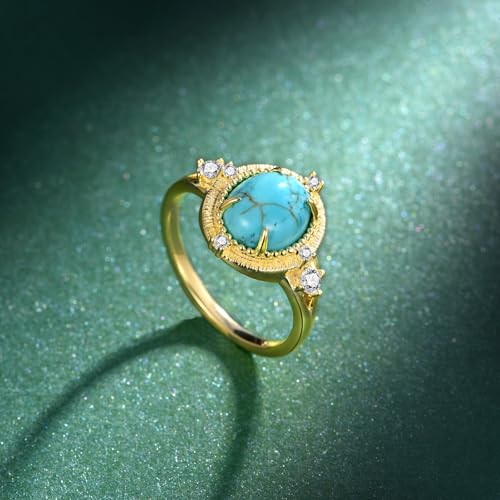 Genuine Turquoise Rings 14K Yellow Gold Rings Nature Gemstone Real Turquoise Jewelry for Women