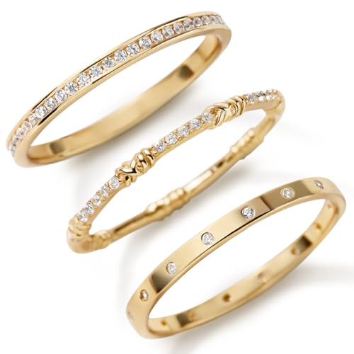 14K Gold Filled Rings for Women, Dainty Stacking Rings for Women, Thin Gold Band Ring Plain Statement Ring Comfort Fit Size 6-10 - color: Gold-CZ-3PCS