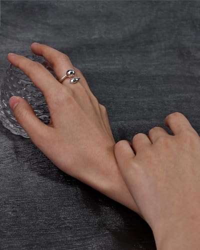 Silver Chunky Open Ring for Women - Adjustable Chunky Silver Ring with Teardrop & Ball Design, Modern Stackable Ring for Daily Wear