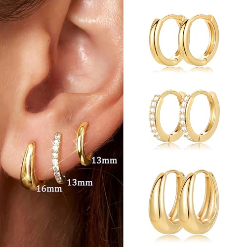 9 Pairs Small Gold/Silver Hoop Huggie Earrings Set for Women, 14K Gold Plated Chunky Hoop Small Earring Hypoallergenic Thick Open Lightweight Chunky Hoop Earrings Jewelry for Gifts - color: gold-standard