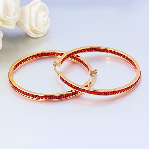 CiNily Mult-colors Crystal Stainless Steel Hoop Earring for Women Hypoallergenic Jewelry for Sensitive Ears Large Big Hoop Earrings 2" - color: Gold-Red CZ