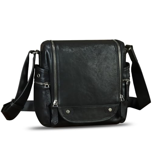 Genuine Leather Messenger Bag for Men Crossbody Shoulder Bag Vintage Desinger Satchel Purse Casual Sling Daypack - color: Black