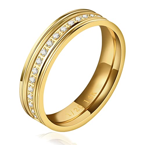 NOKMIT 5mm 14K Gold Filled Rings for Women Girls Dainty Thick Wedding Band Couple Anniversary Engagement Thumb Ring Gifts High Polished Plain Flat Cigar Band Tarnish Resistant Comfort Fit Size 4 to 11 - color: Gold-Half-Eternity