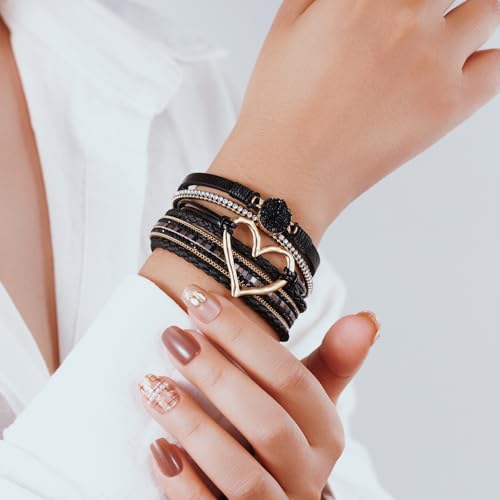 Boho Leather Wrap Bracelets Beaded Stackable Cuff Bracelet Country Concert Outfits Cowboy Cowgirl Western Jewelry Gifts for Women - color: Heart-Black