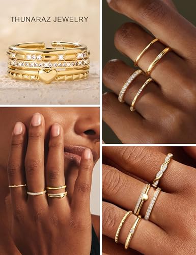 THUNARAZ 9Pcs Gold Stackable Rings for Women Non Tarnish Open Adjustable 14K Gold Plated Rings Trendy Stack Cubic Zirconia Thin Thumb Ring Set Minimalist Dainty Statement Band Ring - color: Gold Tone