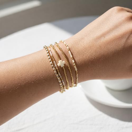 Gold Beaded Cross Bracelet for Women, 14K Plated Adjustable Stackable Dainty Bracelets, Non Tarnish Fashion Jewelry Set Gifts for Women Birthday Friendship - color: Colors-7