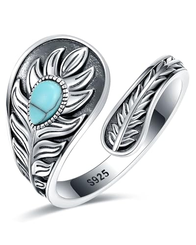 Turquoise Jewelry for Women - Sterling Silver Turquoise Rings Vintage Adjustable Sunflower Dragonfly Butterfly Spoon Ring Victorian Style Boho Antique Flower Thumb Statement Rings Jewelry Gifts for Women - color: Turquoise & Feather B