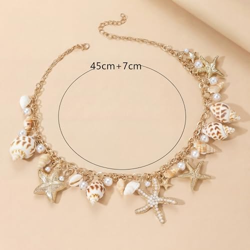 Shell Starfish Necklace for Women, Gold Plated Boho Layered Pendant Necklace with Pearl Conch Charm, Dainty Coastal Summer Beach Vacation Jewelry Gifts - style: Conch Starfish 1Pcs