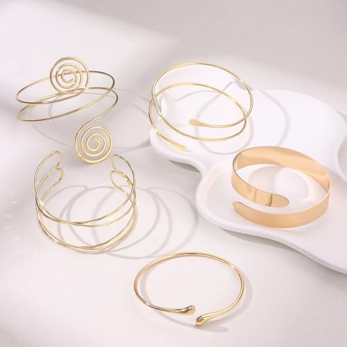 Giovanchi 5 Pieces Arm Cuff Upper Arm Band Cuff Bracelets for Women Adjustable Armband Set - style: D-Gold