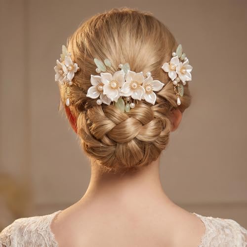HINZIC 5pcs Flower Tassels Hairpin for Women, Non-Slip Crystal Pearl Camellia Hair Clips, Retro Chinese Hanfu Wedding Brides Hair Accessories for Long Hair - color: Camelia
