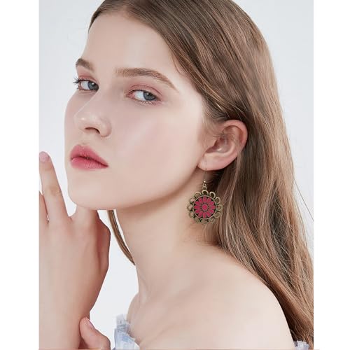 Bohemian Lightweight Vintage Copper Enamel Flower Hollow Dangle Drop Earrings Handmade Retro Circle Floral Hook Earrings For WomenJewelry Gifts - color: Rose Red
