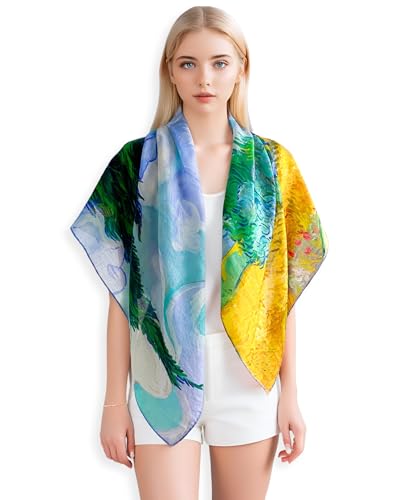 PoeticEHome Cashmere Scarf Wrap 36"x36" - Featherlight & Wrinkle-Free Artistic Square Shawl for Travel & Office, Gift Ready - color: Wheat Field With Cypresses - 36"