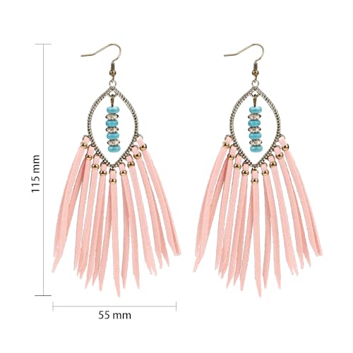 Long Bohemian Fringe Leather Earrrings Handmade Tassel Earrings with Turquoise Christmas Long Dangle Earrings for Women rodeo jewelry - color: 8