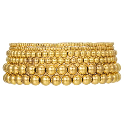 Gold Bracelets for Women 14K Gold Plated Beaded Non Tarnish Bracelets Stretch Bead Ball Bracelet Stack Set Jewelry for Gifts - color: D SET 6PC