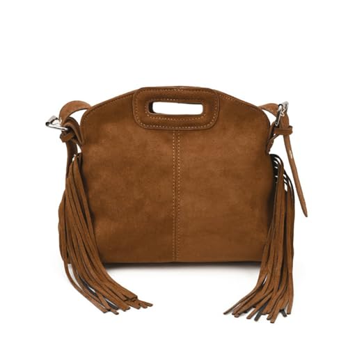 Women's Suede Fringe Crossbody Bag, Retro Hollow Handle Shoulder Purse, Novelty Fashion Tassels Bucket Bag Handbag - color: Brown