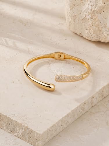 Gold Cuff Bracelets for Women, 14K Gold Plated Open Cuff Bangle Bracelet with CZ Pave, Minimalist Stackable Chunky Gold Bracelet for Women - color: Gold CZ Cuff