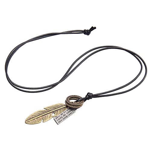 Leather Necklace for Women Long Boho Necklace Bohemian Choker Vintage Necklace Braided Boho Jewelry with Adjustable Brown Leather Cord - color: Feather Pendant Necklace