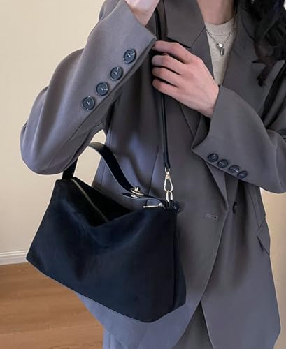 Suede Shoulder Bags For Women Crossbody Bag Suede Tote Bag Satchels Slouchy Work Purses Crescent Handbag Fall Top Handle - color: Black