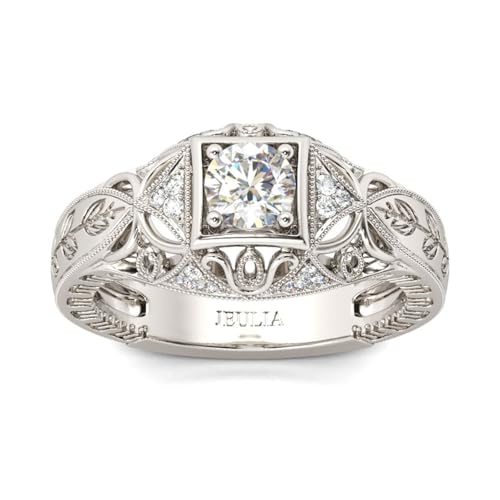 Jeulia Vintage Rings 925 Sterling Silver Round Cut Solitair Diamond Ring Wedding Engagement Statement Ring Band Anniversary Promise Bridal Set with Gift Box