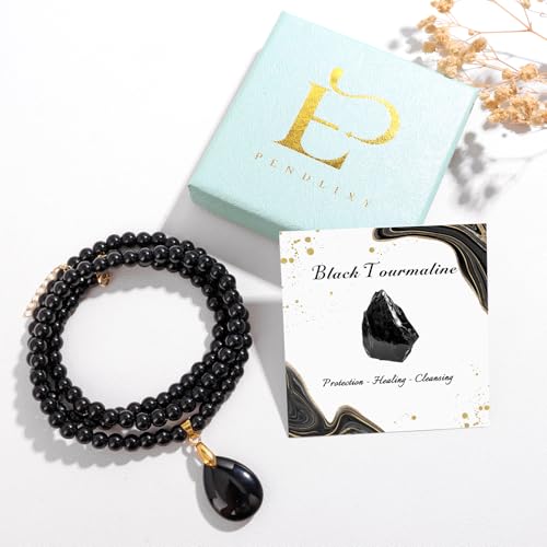 Healing Crystal Necklaces for Women Trendy Natural Stone Beaded Long Pendant Necklaces for Womens Handmade Bohemian Fashion Necklace Jewelry Gift - color: Black Tourmaline